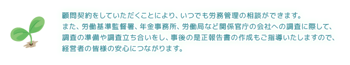 顧問契約をしていただくことにより、いつでも労務管理の相談ができます。また、労働基準監督署、年金事務所、労働局など関係官庁の会社への調査に際して、調査の準備や調査立ち合いをし、事後の是正報告書の作成もご指導いたしますので、経営者の皆様の安心につながります。